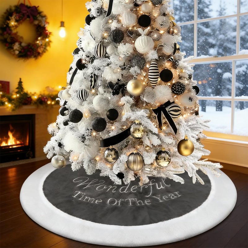 yuboo Gray Christmas Tree Skirt, 36" Faux Fur Pencil Tree Skirt Rug with White Embroidered Snowflakes for 5-6 ft Christmas Tree for Grey Christmas Decorations - Image 4